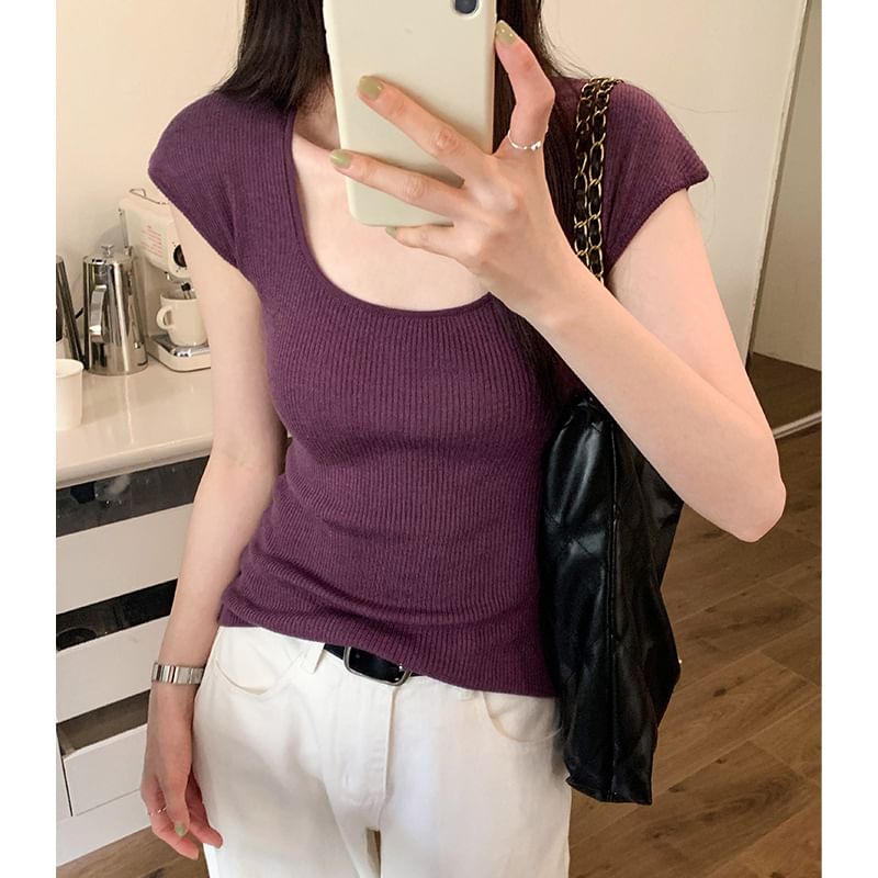 Top Neck Plain Cap-Sleeve Knit Scoop