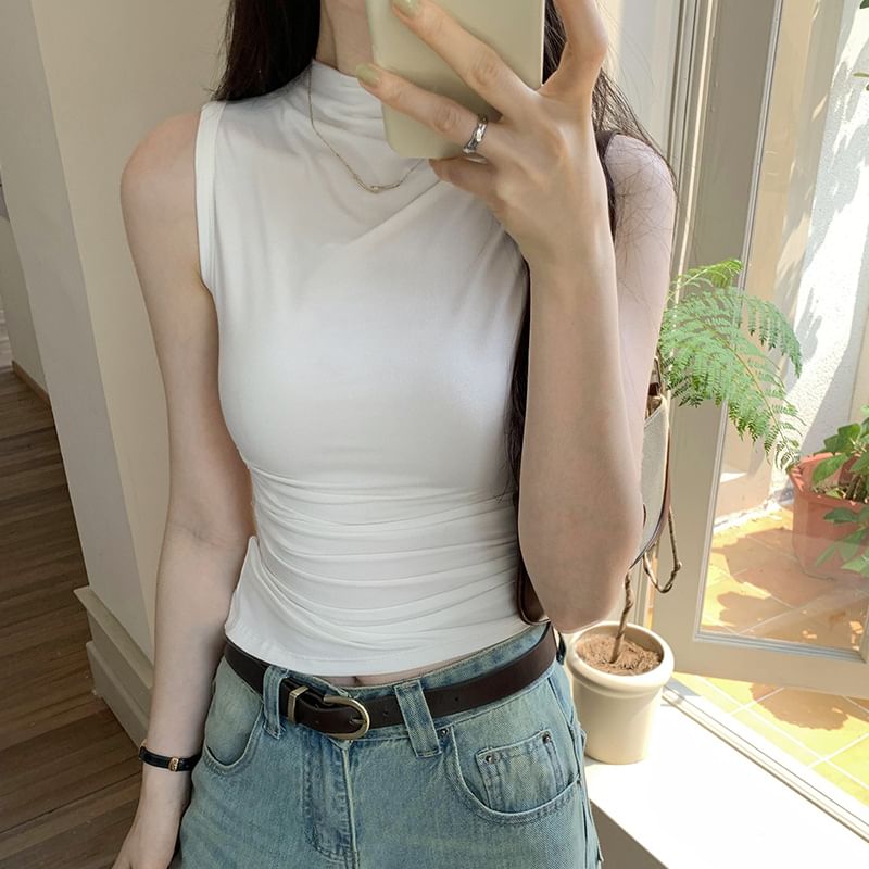 Neck Top Mock Plain Sleeveless