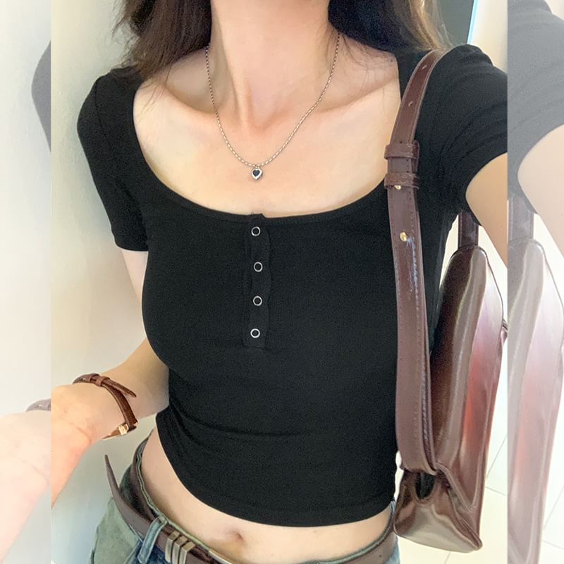 Neck Plain Top Crop Scoop Henley Short-Sleeve