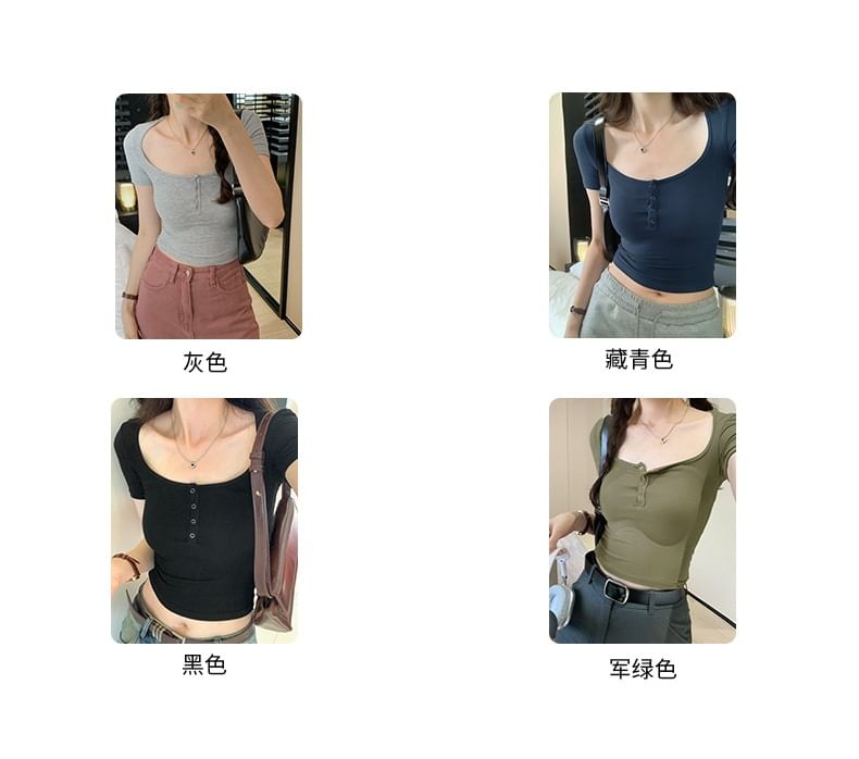 Neck Plain Top Crop Scoop Henley Short-Sleeve