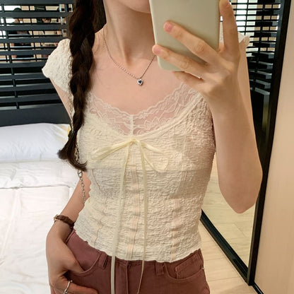 Top Lace Crop V-Neck Cap-Sleeve