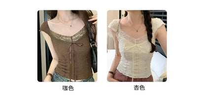 Top Lace Crop V-Neck Cap-Sleeve