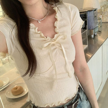 Crop V-Neck Top Short-Sleeve Lace