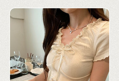 Crop V-Neck Top Short-Sleeve Lace