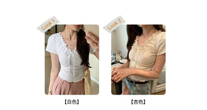 Crop V-Neck Top Short-Sleeve Lace