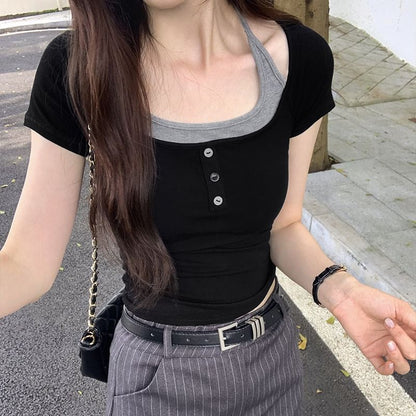 Two-Piece Tone Mock Short-Sleeve Two Top