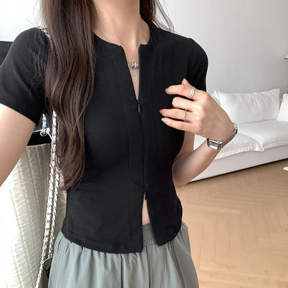 Top Short-Sleeve Plain Knit Zip-Up