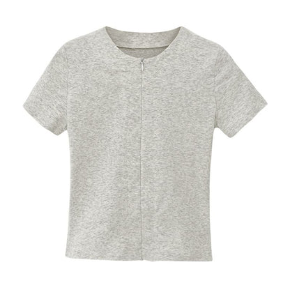 Top Short-Sleeve Plain Knit Zip-Up