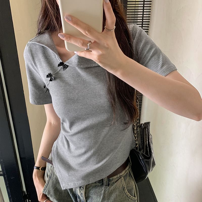 Short-Sleeve Plain Asymmetrical Top