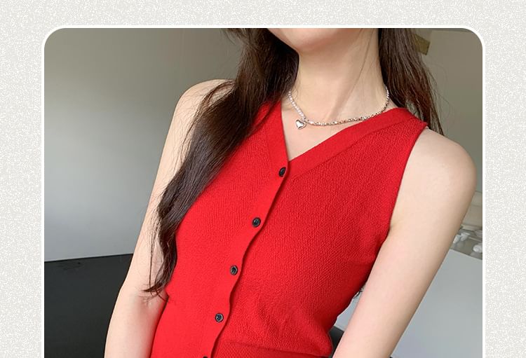 V-Neck Plain Sleeveless Button-Up Top