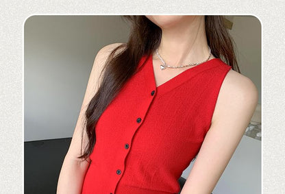 V-Neck Plain Sleeveless Button-Up Top