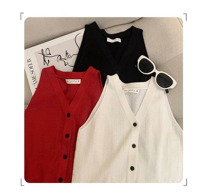 V-Neck Plain Sleeveless Button-Up Top