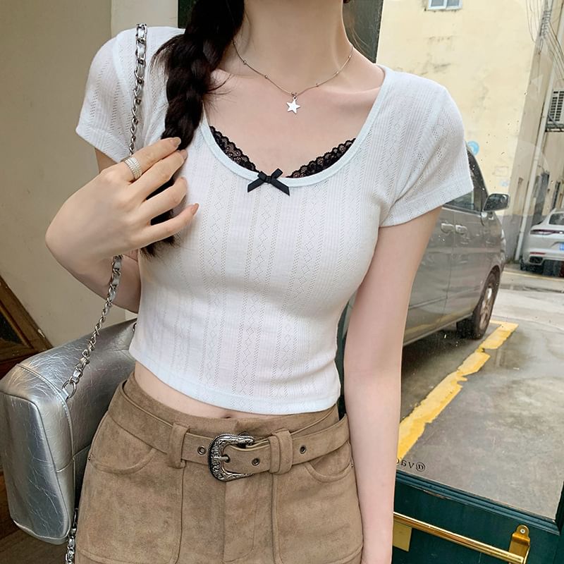 Neck Trim Sleeve Crop Short Lace Top Scoop