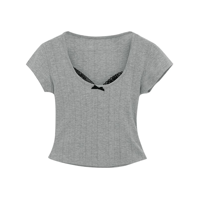 Neck Trim Sleeve Crop Short Lace Top Scoop