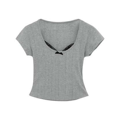 Neck Trim Sleeve Crop Short Lace Top Scoop