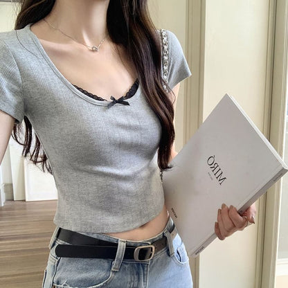 Neck Trim Sleeve Crop Short Lace Top Scoop