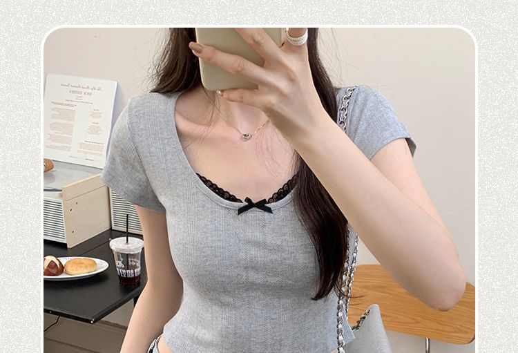 Neck Trim Sleeve Crop Short Lace Top Scoop