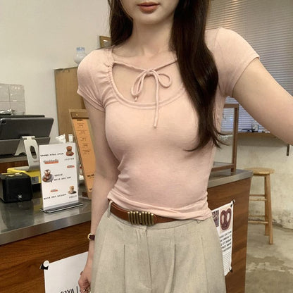 Plain Top Crop U-Neck Short-Sleeve