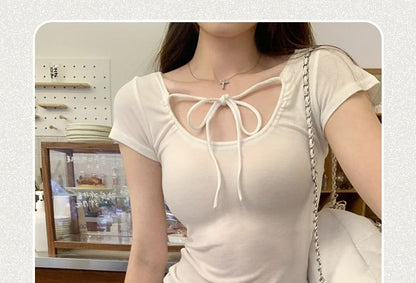 Plain Top Crop U-Neck Short-Sleeve