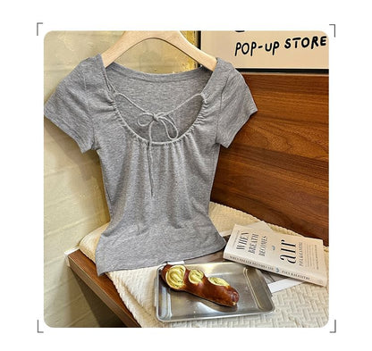 Plain Top Crop U-Neck Short-Sleeve