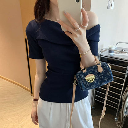 Sleeve Top Off Plain Shoulder Short