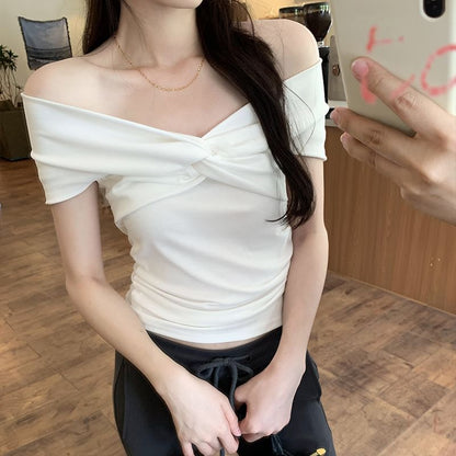 Off Twisted Short-Sleeve Plain Shoulder Top
