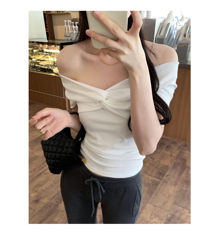 Off Twisted Short-Sleeve Plain Shoulder Top