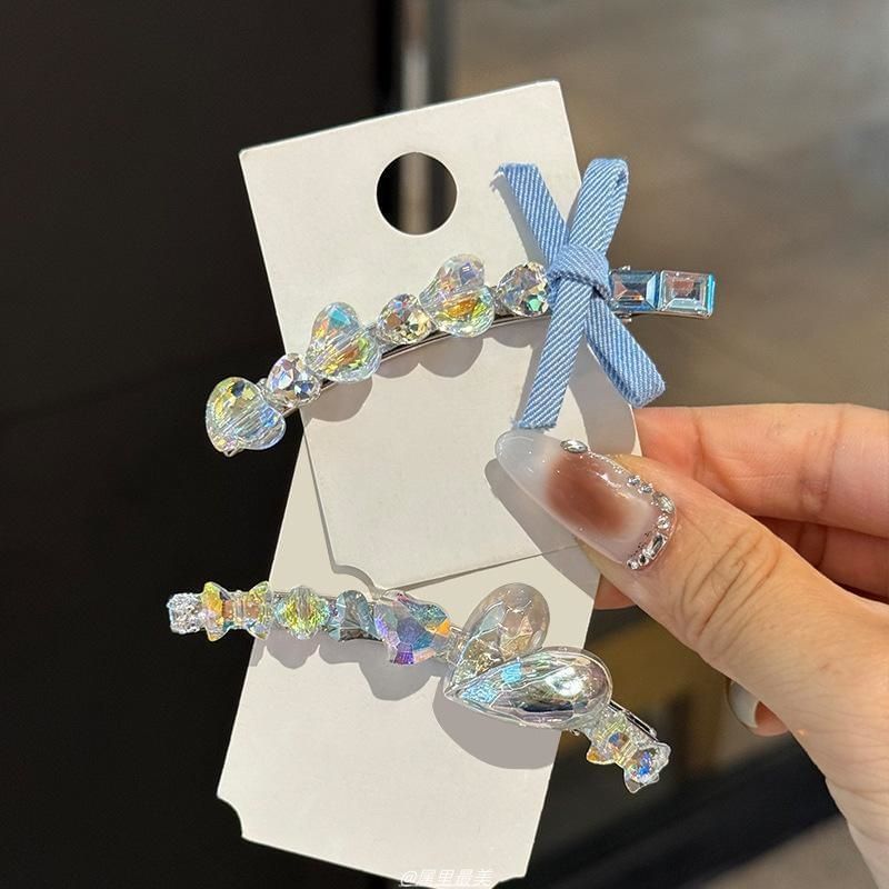 Hair Faux Clip Heart Ribbon Crystal