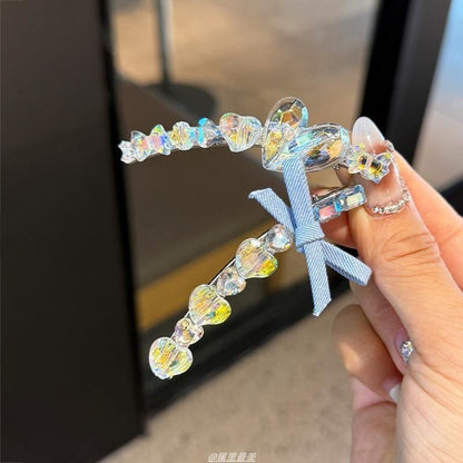 Hair Faux Clip Heart Ribbon Crystal