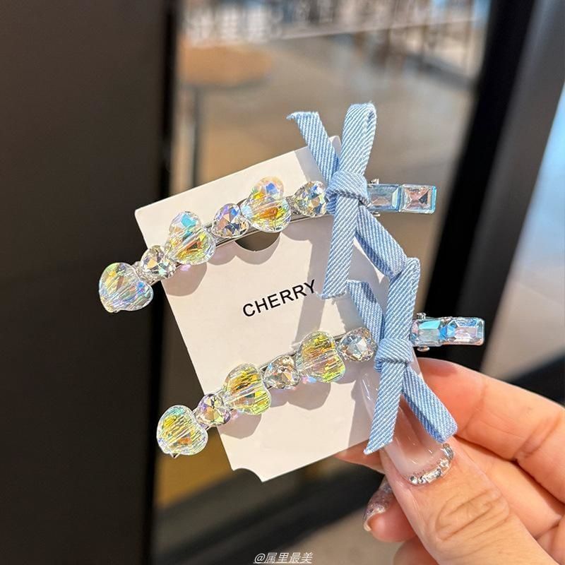 Hair Faux Clip Heart Ribbon Crystal