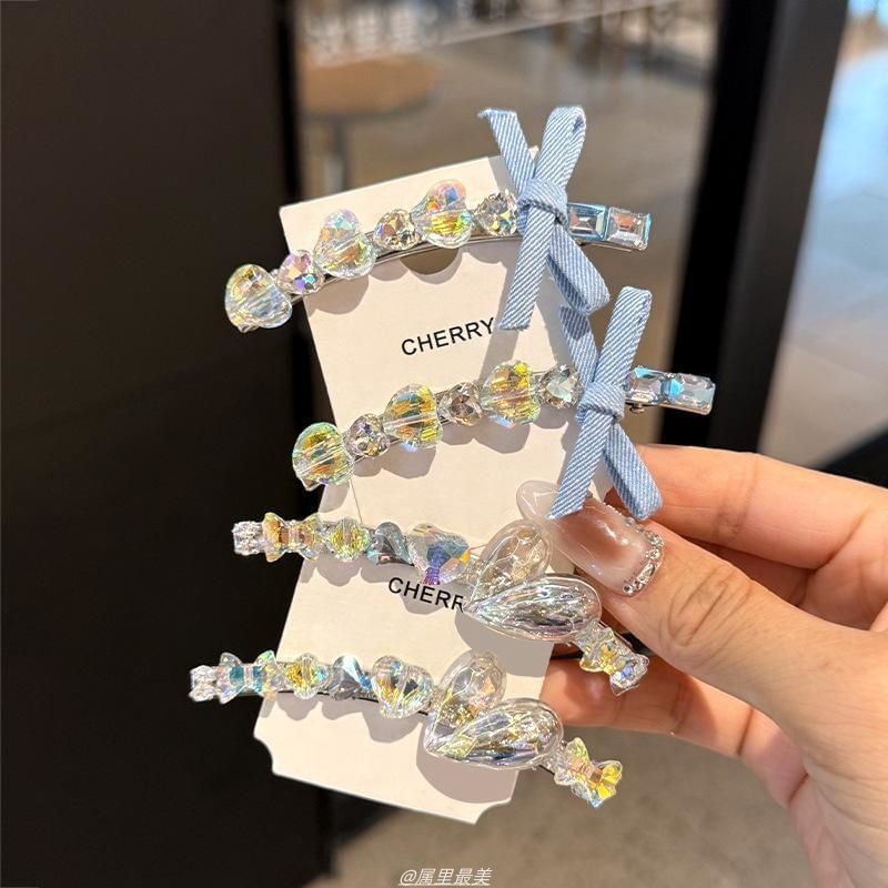 Hair Faux Clip Heart Ribbon Crystal