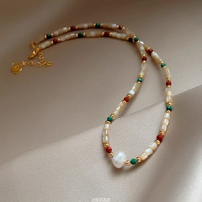 Gemstone Alloy Necklace Faux Pearl Bead