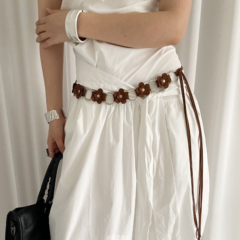 Alloy Floral Chain Waist Faux Leather