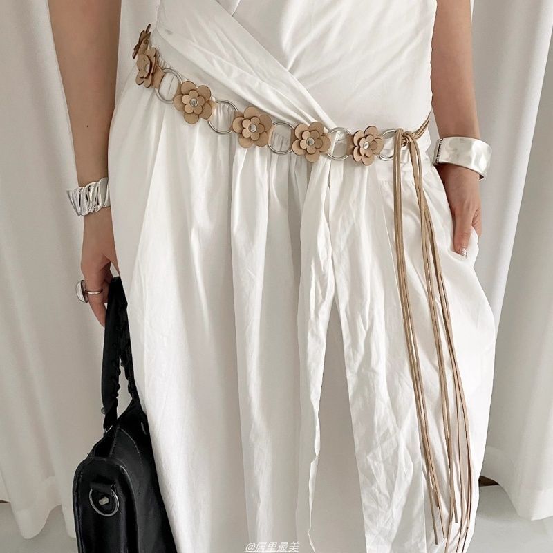 Alloy Floral Chain Waist Faux Leather