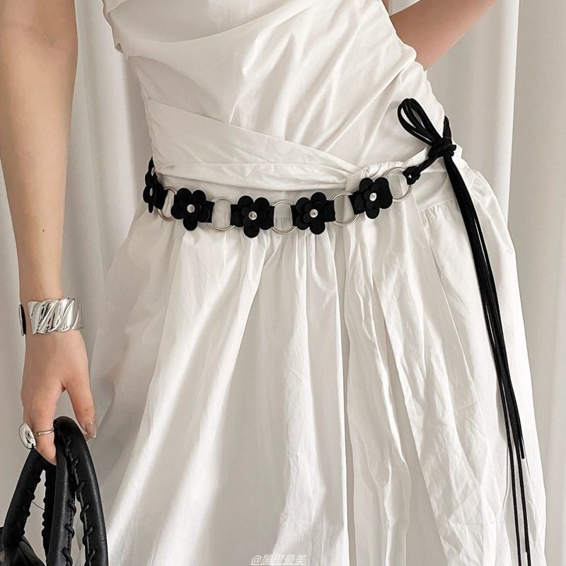 Alloy Floral Chain Waist Faux Leather