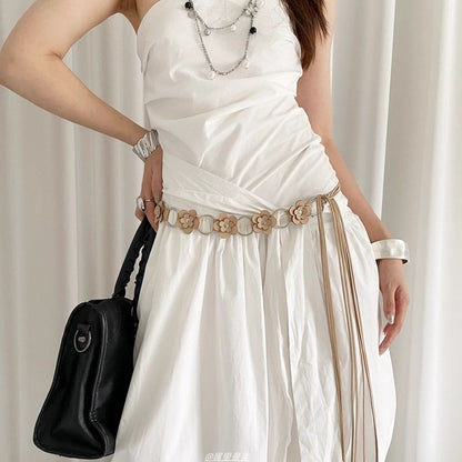 Alloy Floral Chain Waist Faux Leather