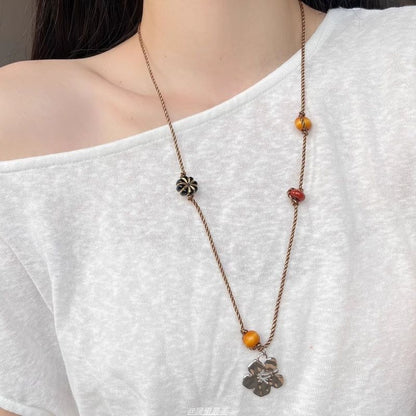 Pendant Floral Faux Necklace Gemstone Cord