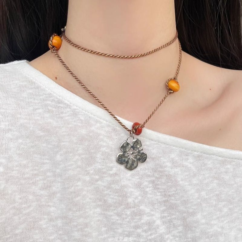 Pendant Floral Faux Necklace Gemstone Cord