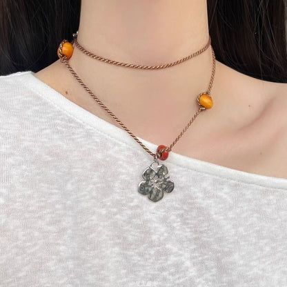 Pendant Floral Faux Necklace Gemstone Cord