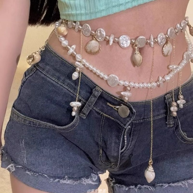 Alloy Faux Disc Shell Waist Pearl Chain