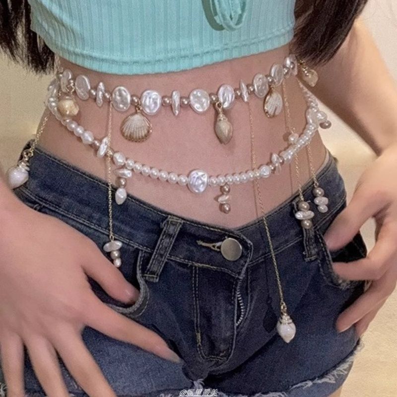Alloy Faux Disc Shell Waist Pearl Chain