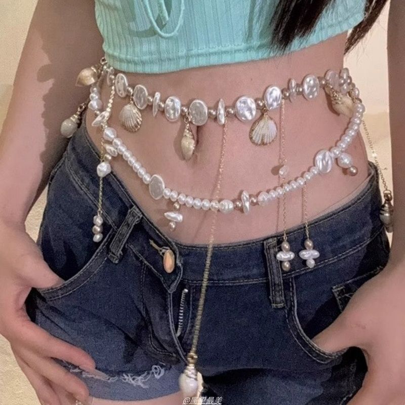 Alloy Faux Disc Shell Waist Pearl Chain