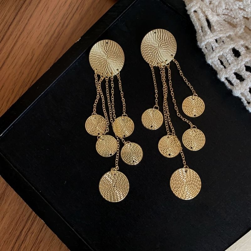 Chandelier Alloy Disc Fringed Earring Textured