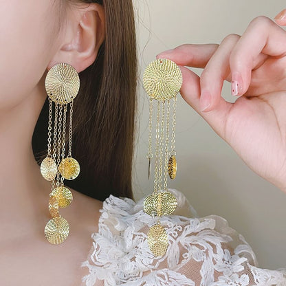 Chandelier Alloy Disc Fringed Earring Textured
