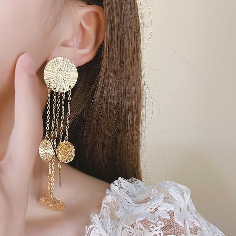 Chandelier Alloy Disc Fringed Earring Textured