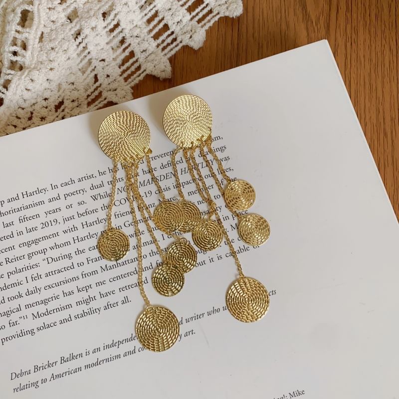 Chandelier Alloy Disc Fringed Earring Textured