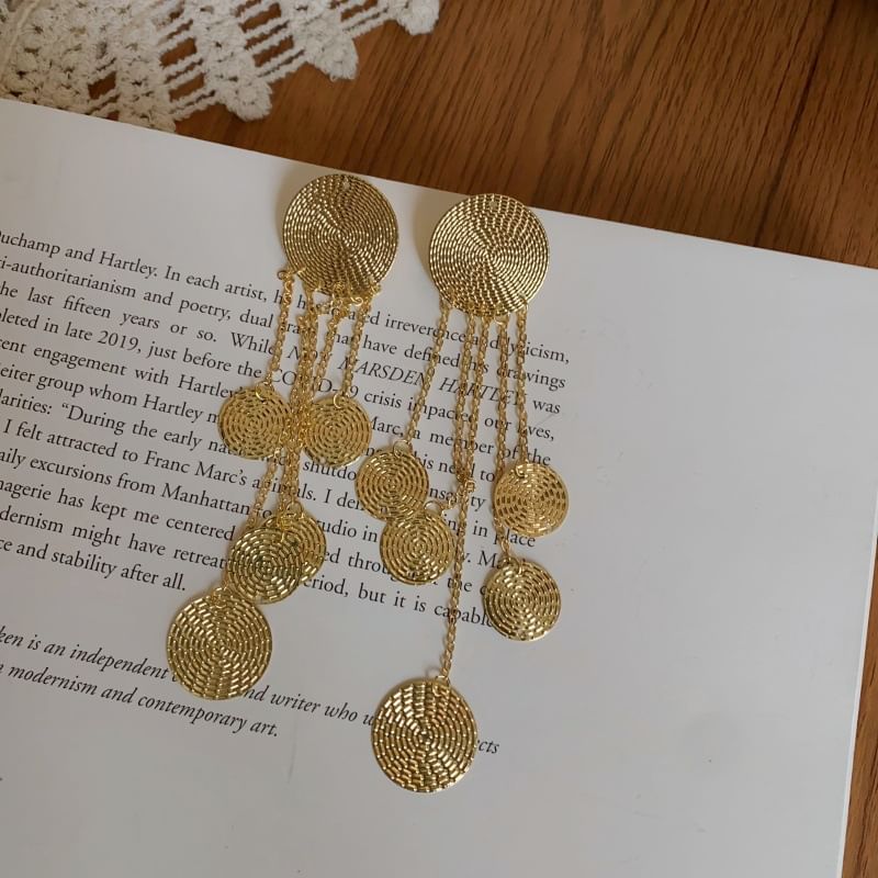Chandelier Alloy Disc Fringed Earring Textured