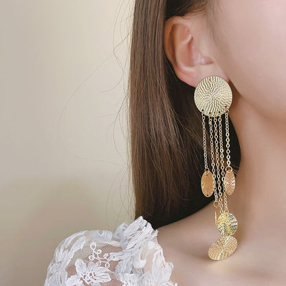Chandelier Alloy Disc Fringed Earring Textured