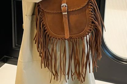 Faux Suede Bag Fringe Crossbody Saddle