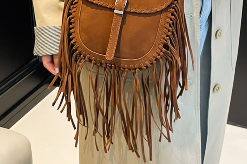 Faux Suede Bag Fringe Crossbody Saddle